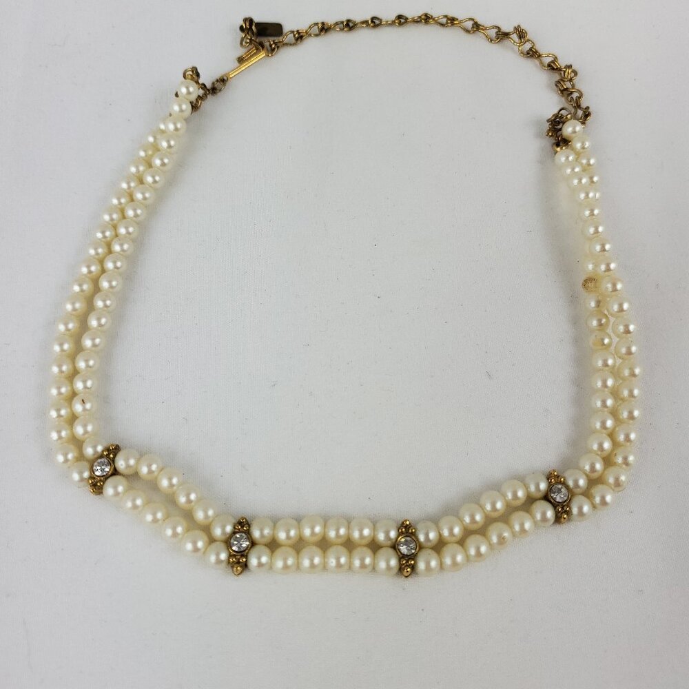 Vintage 1928 Signed Imitation Pearl Rhinestone Gold Tone Double Strand Necklace